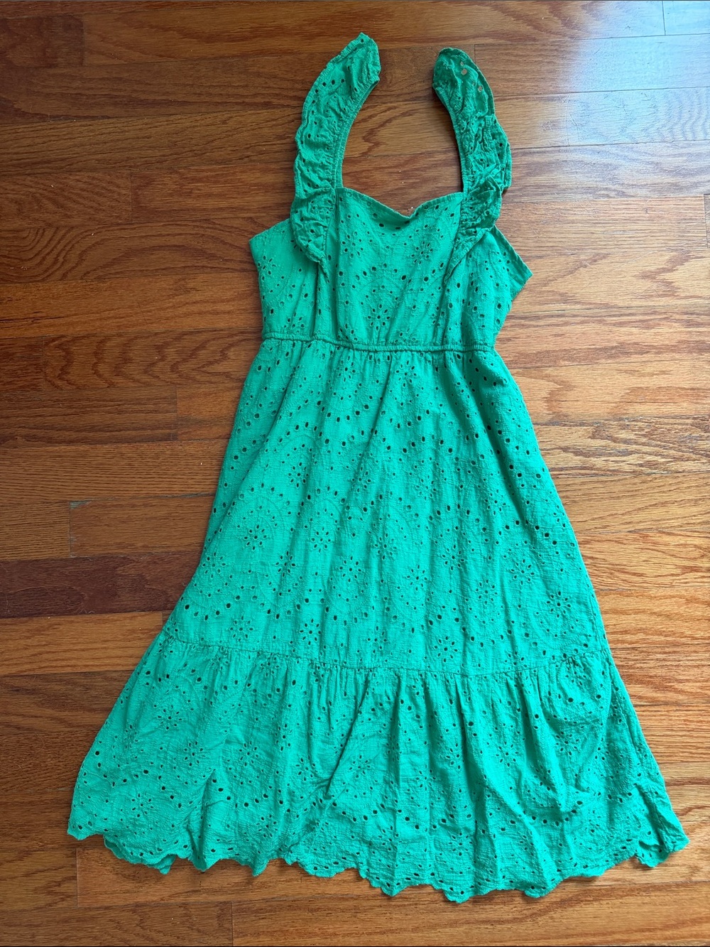 Green Eyelet Ruffle Strap Midi Dress